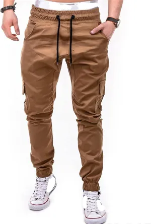 Men Slim Fit Casual Jogger Athletic Long Pant Hip Hop Chino Pocket Trousers Drawstring Outdoor Work Military Tactical Pants (Khaki,Large)