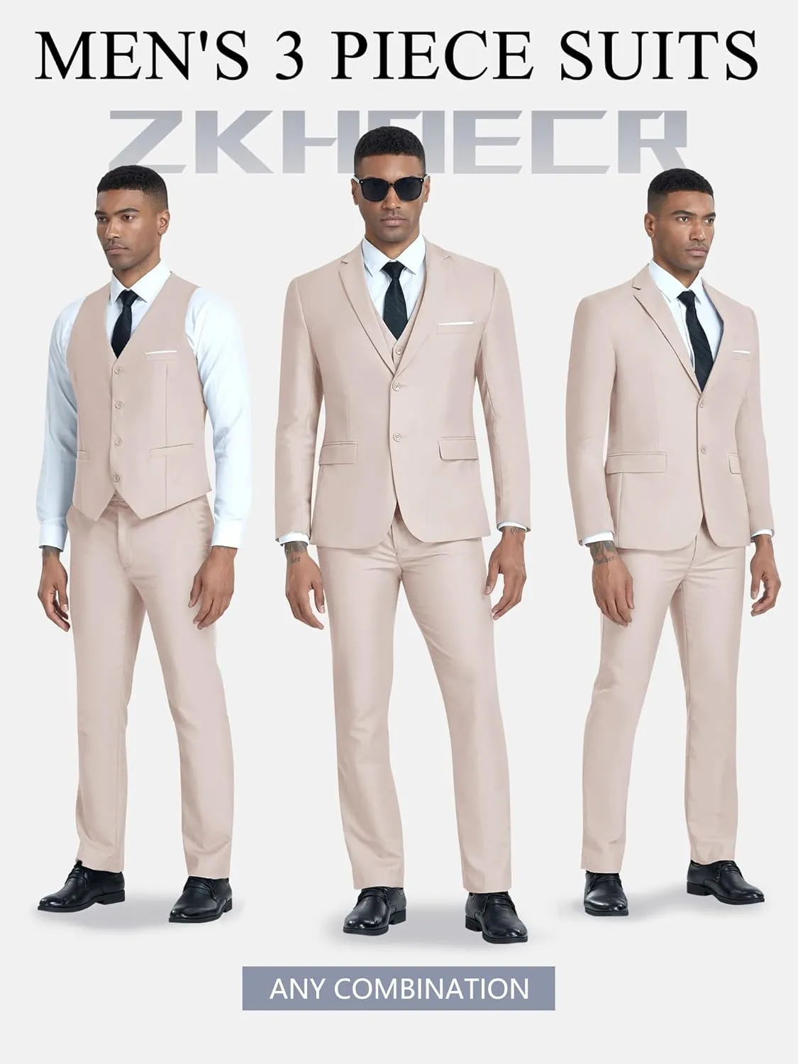 Men's 3 Piece Slim Fit Suit Set, Two Button Blazer Solid Jacket Vest Pants Wedding Business Suit