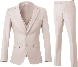 Men's 3 Piece Slim Fit Suit Set, Two Button Blazer Solid Jacket Vest Pants Wedding Business Suit