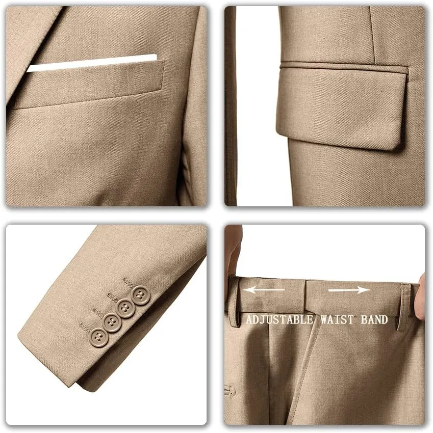 Men's 3 Piece Slim Fit Suit Set, Two Button Blazer Solid Jacket Vest Pants Wedding Business Suit