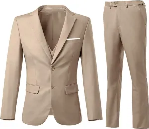 Men's 3 Piece Slim Fit Suit Set, Two Button Blazer Solid Jacket Vest Pants Wedding Business Suit