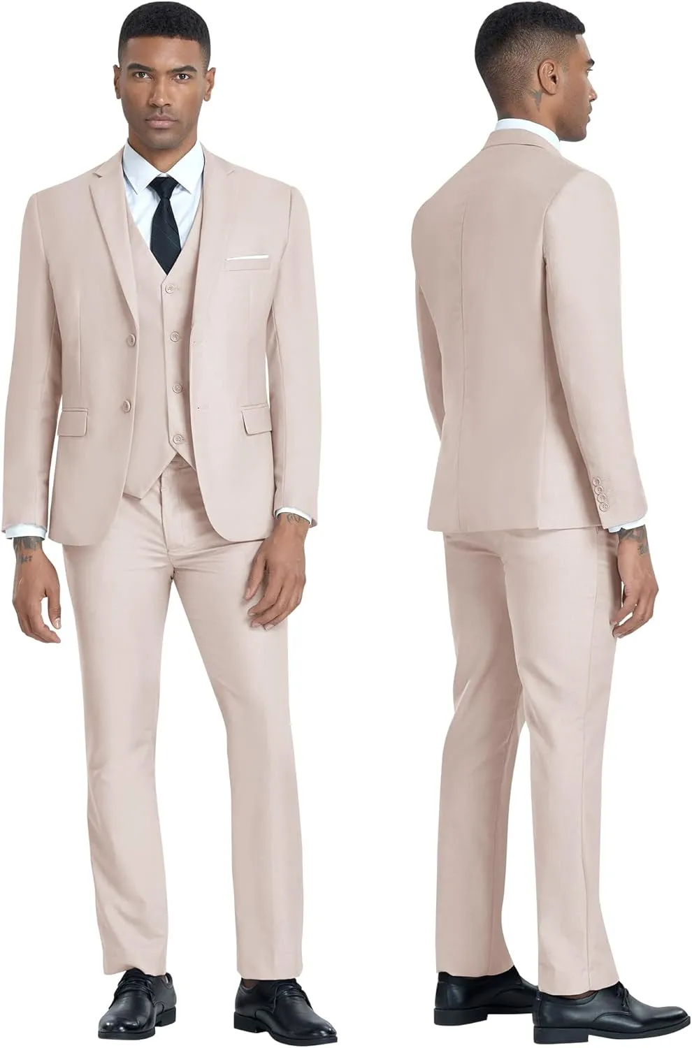 Men's 3 Piece Slim Fit Suit Set, Two Button Blazer Solid Jacket Vest Pants Wedding Business Suit