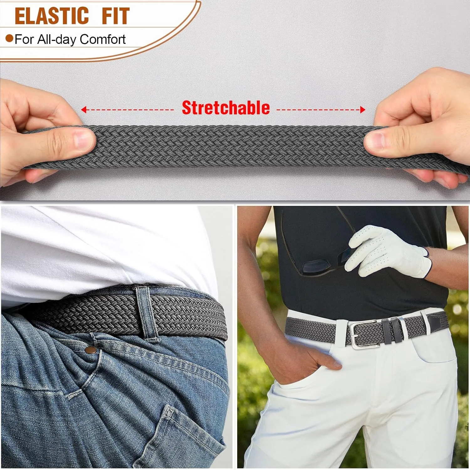 Men's Belt Braided Stretch Belt for Men Golf Pants Casual Shorts Jeans