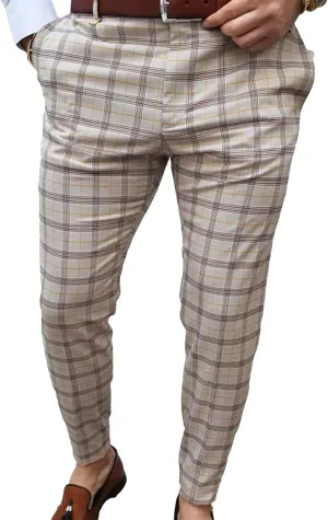 Men's Casual Plaid Chino Pants Skinny Fit Plaid Flat Front Dress Pants Slim Stretch Business Striped Trousers