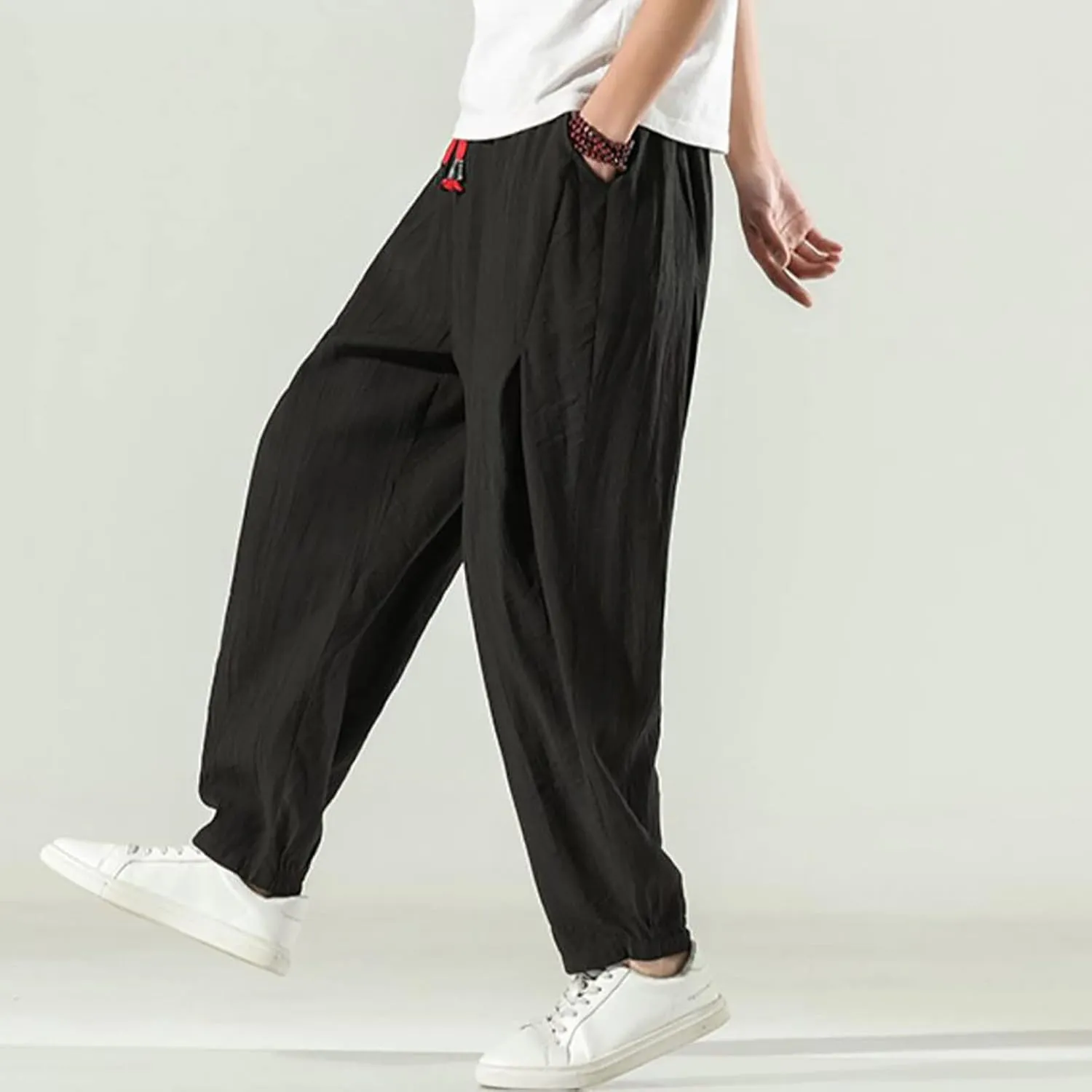 Mens Cotton Linen Hippie Harem Pants Baggy Linen Boho Yoga Pants Loose Casual Drop Crotch Trouser Drawstring Waist Sweatpants