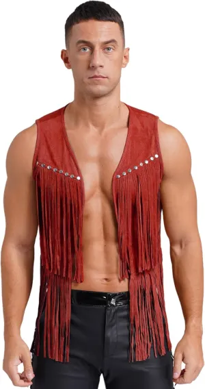 Men's Cowboy Western Suede Leather Tassel Sleeveless Vest Jacket Gothic Waistcoat Coat