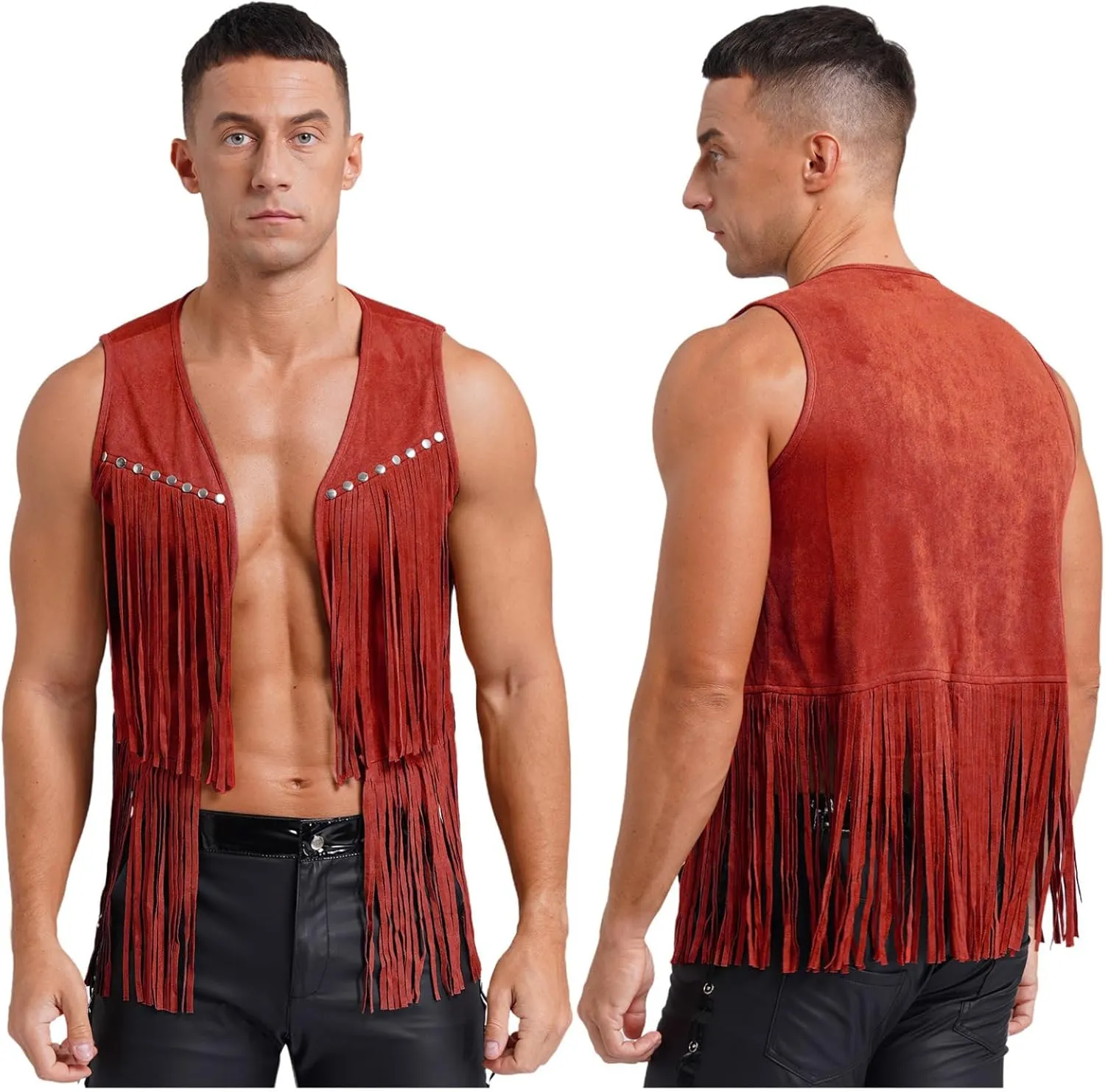 Men's Cowboy Western Suede Leather Tassel Sleeveless Vest Jacket Gothic Waistcoat Coat