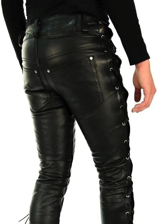 Mens Cowboy Western Traditional Native American Leather Pants Men Casual Breeches Fashion Pant Mens Side Laces Pant
