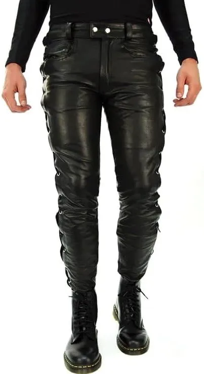 Mens Cowboy Western Traditional Native American Leather Pants Men Casual Breeches Fashion Pant Mens Side Laces Pant