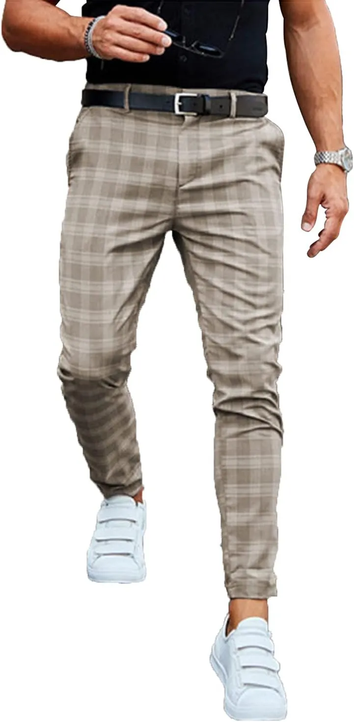 Men's Slim Fit Stretch Plaid Dress Pants with Pockets Checks Pattern Chino Trousers Fashion Casual Elasticity Button Pant (Khaki,3X-Large)