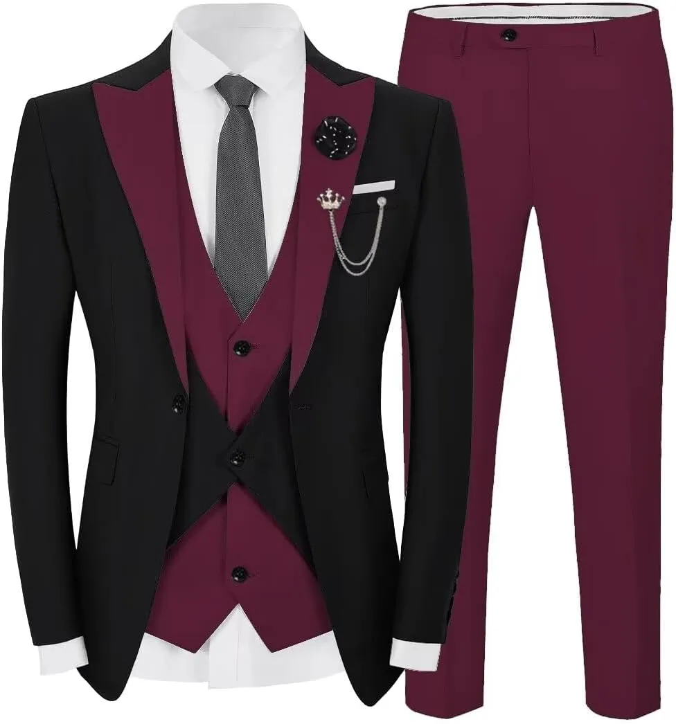 Men's Slim Fit Suit 3 Piece Classic One Button Formal Wedding Prom Suit Business Blazer Vest Pants