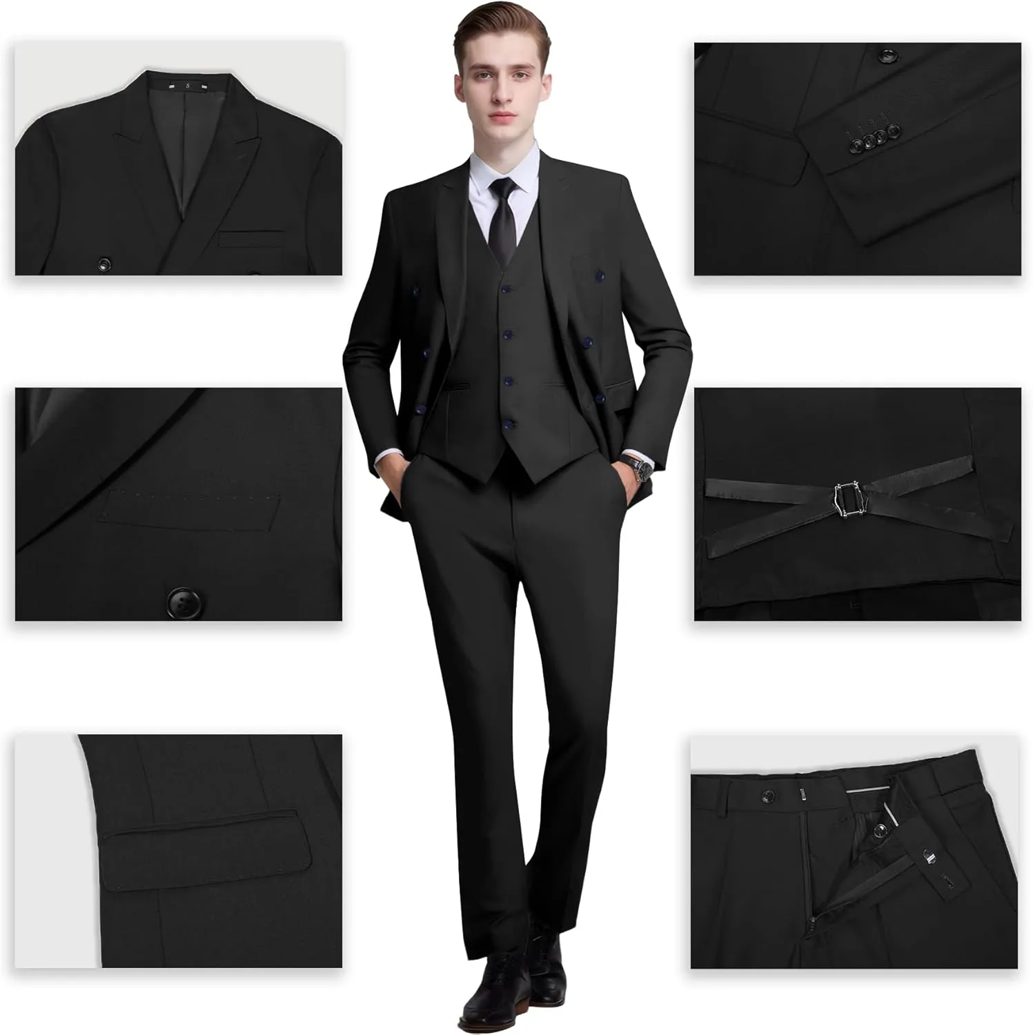 Mens Slim Fit Suit Formal 3 Piece Suit Set Double Breasted Suit Men Wedding Prom Tuxedo Blazer Jacket Vest Pants Set