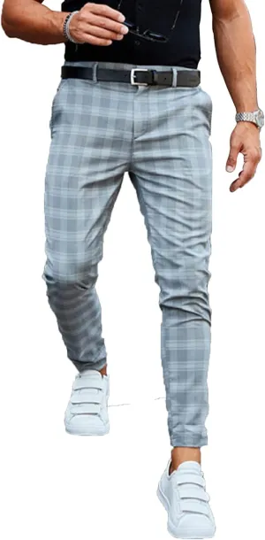 Mens Stretch Slim Fit Plaid Dress Pants with Pockets Checks Pattern Chino Trousers Fashion Casual Elasticity Button Pant (Blue,X-Large)