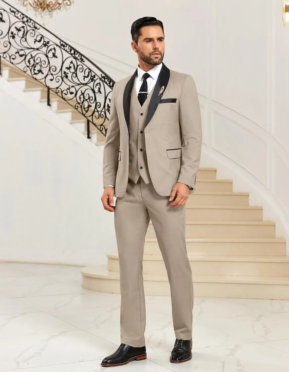 Mens Suit 3 Piece Formal Shawl Lapel Tuxedo for Men Wedding Suits One Button Jacket Vest Pants Set