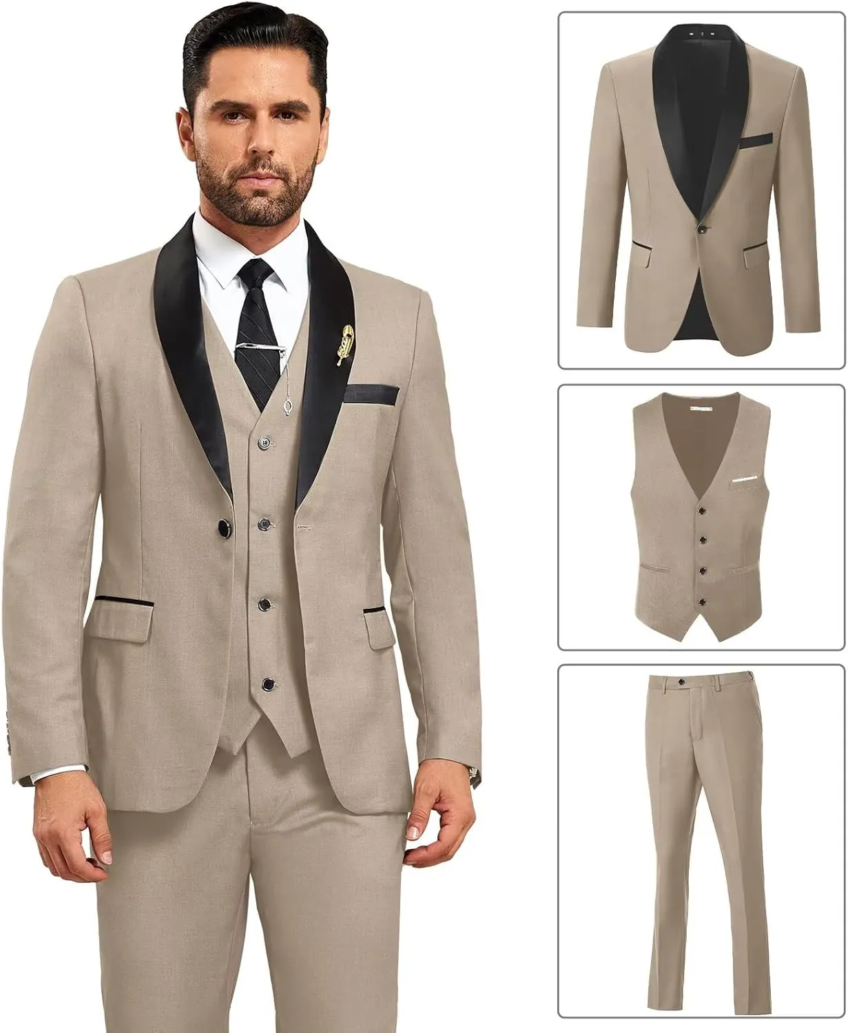 Mens Suit 3 Piece Formal Shawl Lapel Tuxedo for Men Wedding Suits One Button Jacket Vest Pants Set