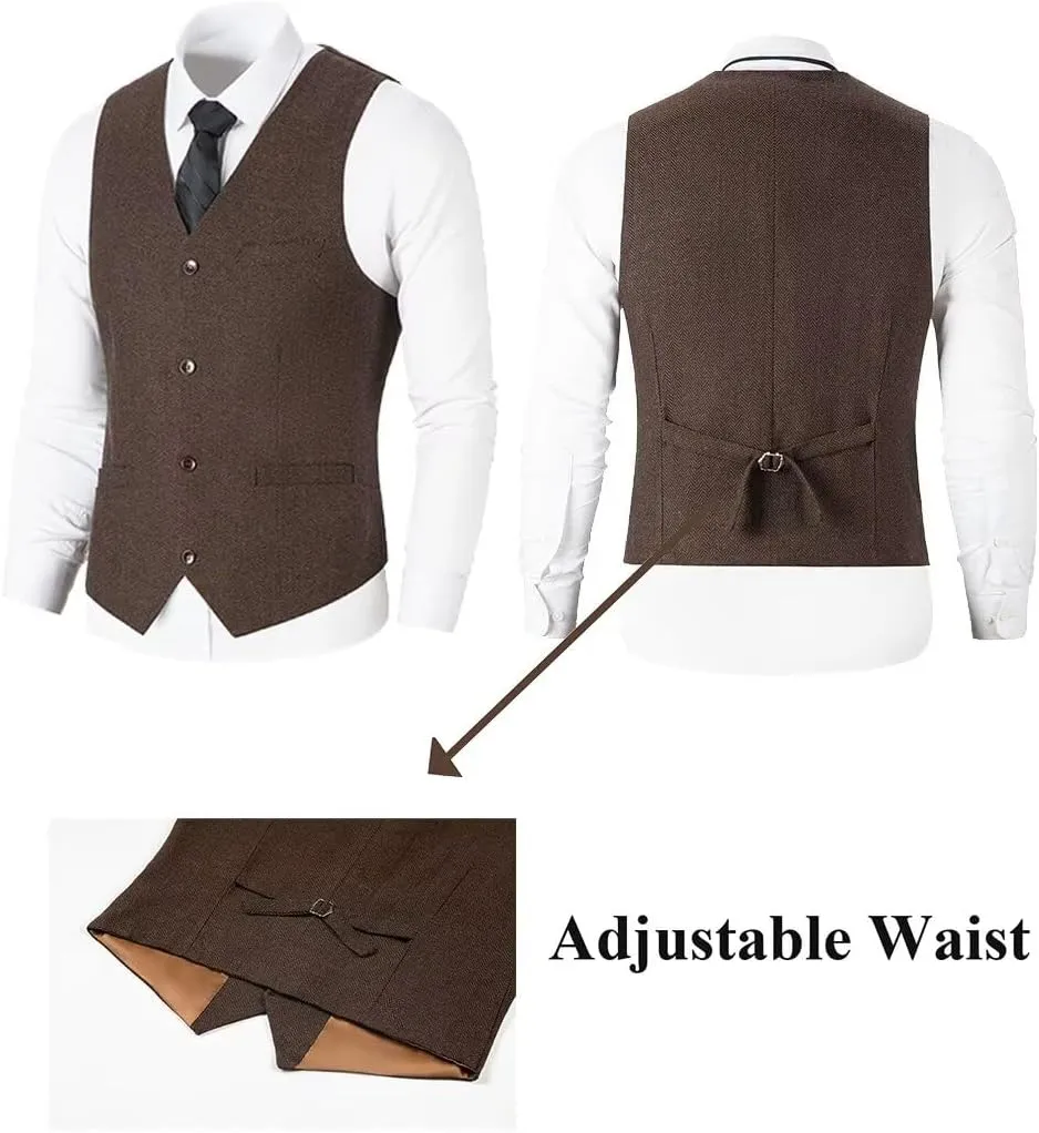 Mens Suit Slim Fit Tweed Herringbone Suit for Men Wool Blend Blazer Vest Pants Tuxedo Set