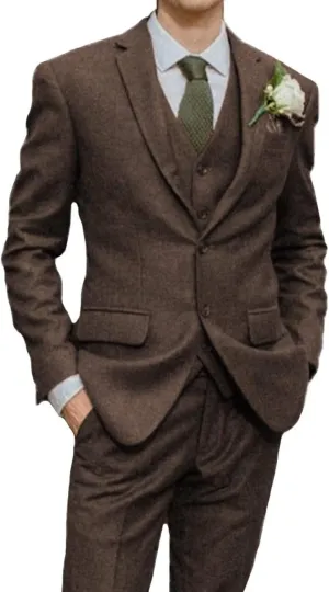 Mens Suit Slim Fit Tweed Herringbone Suit for Men Wool Blend Blazer Vest Pants Tuxedo Set