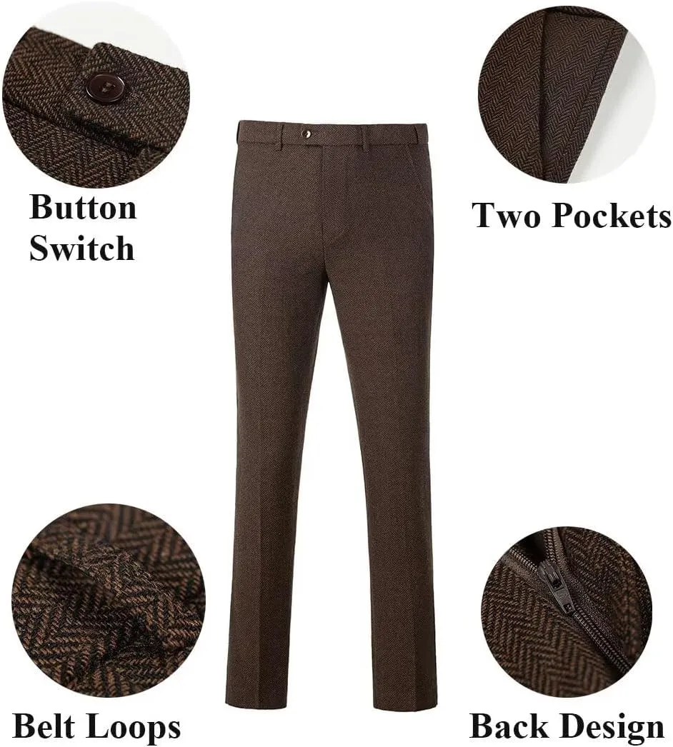 Mens Suit Slim Fit Tweed Herringbone Suit for Men Wool Blend Blazer Vest Pants Tuxedo Set