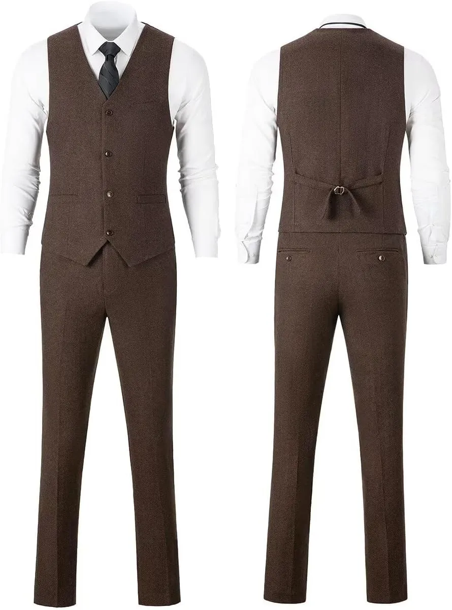Mens Suit Slim Fit Tweed Herringbone Suit for Men Wool Blend Blazer Vest Pants Tuxedo Set