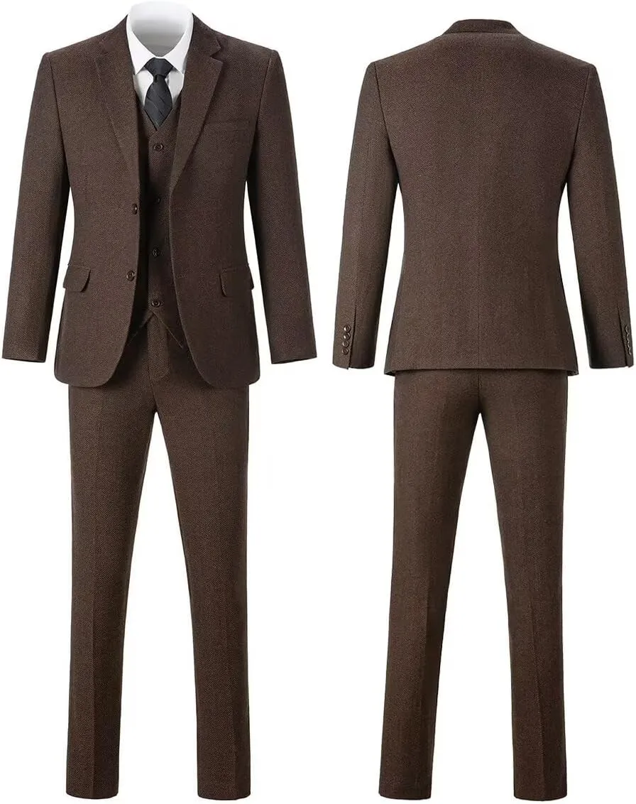 Mens Suit Slim Fit Tweed Herringbone Suit for Men Wool Blend Blazer Vest Pants Tuxedo Set