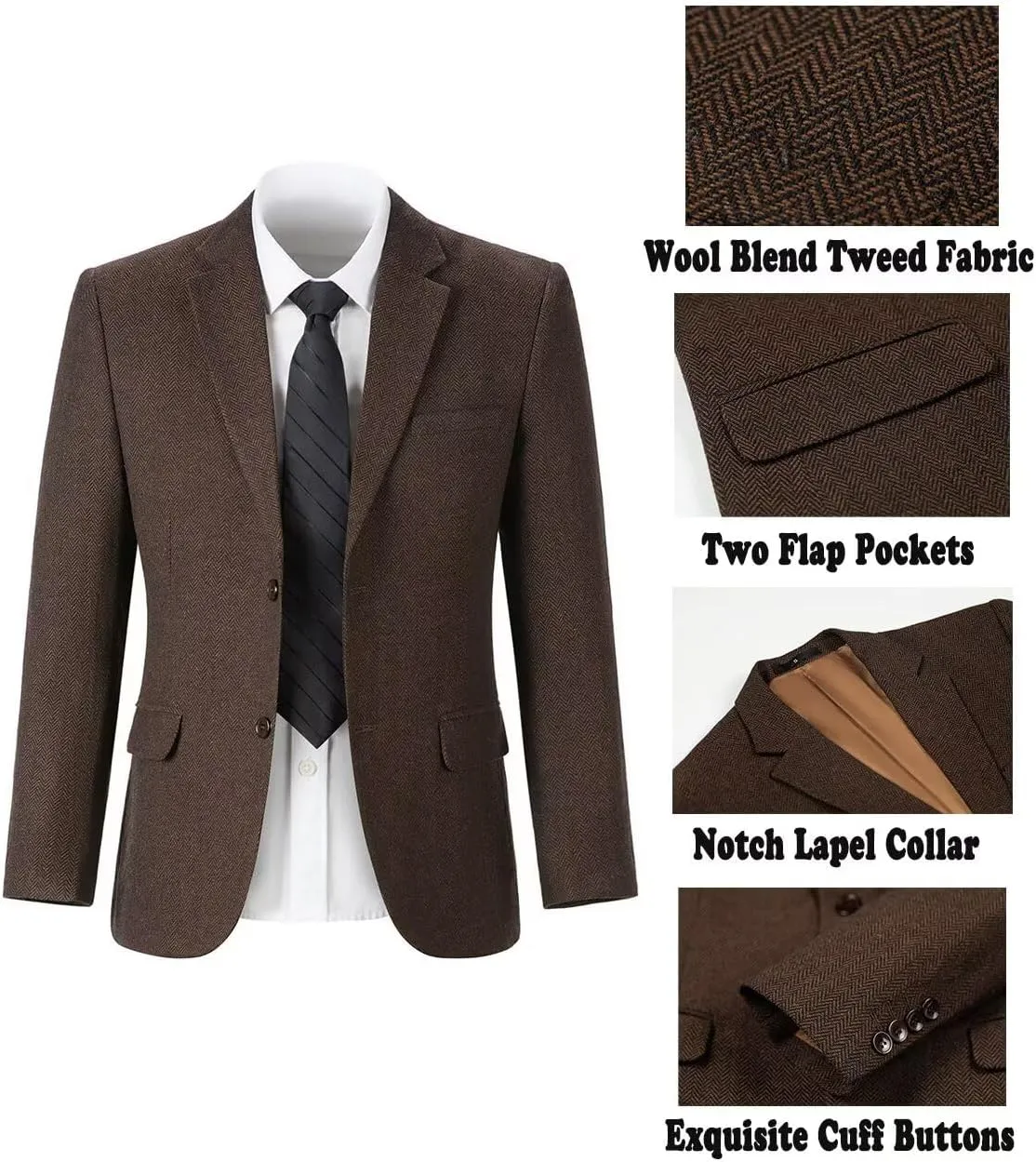 Mens Suit Slim Fit Tweed Herringbone Suit for Men Wool Blend Blazer Vest Pants Tuxedo Set