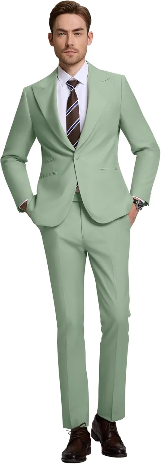 Men's Suits Slim Fit 2 Piece Suit One Button Peak Lapel Solid Suit Jacket Pant Set Tuxedo for Wedding Business Party