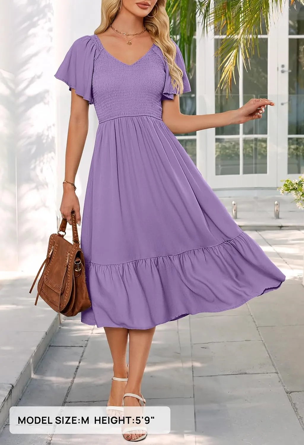 MEROKEETY Women's Summer Casual V Neck Ruffle Sleeve Smocked High Waist Midi Dress with Pockets