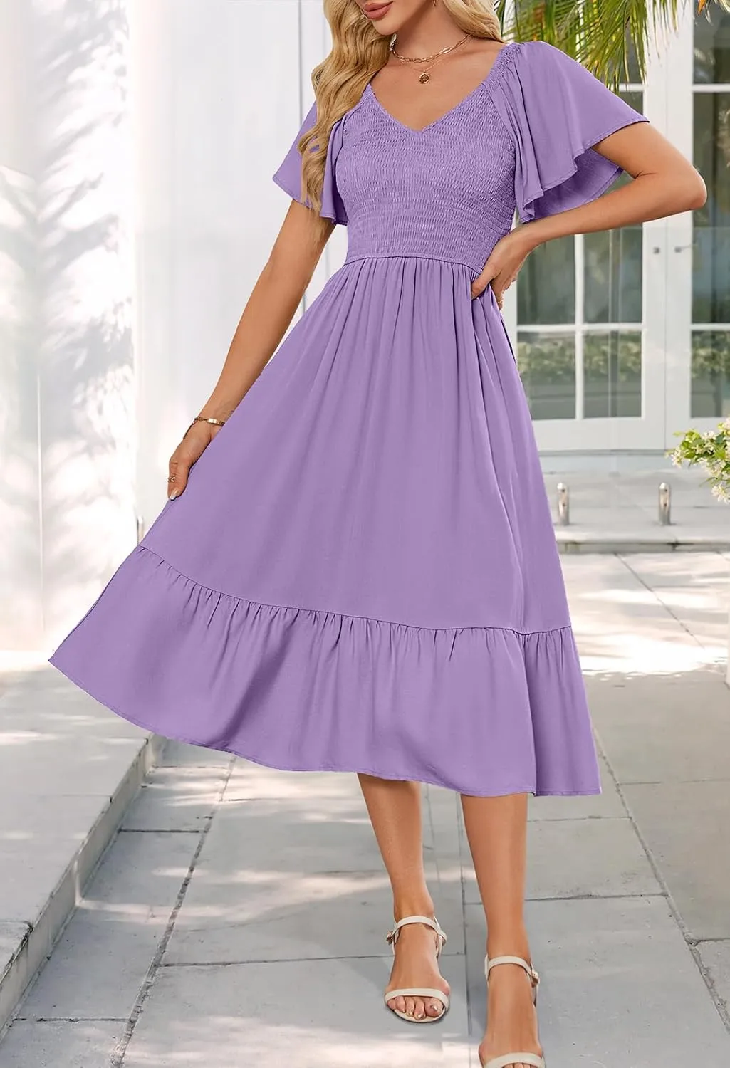 MEROKEETY Women's Summer Casual V Neck Ruffle Sleeve Smocked High Waist Midi Dress with Pockets