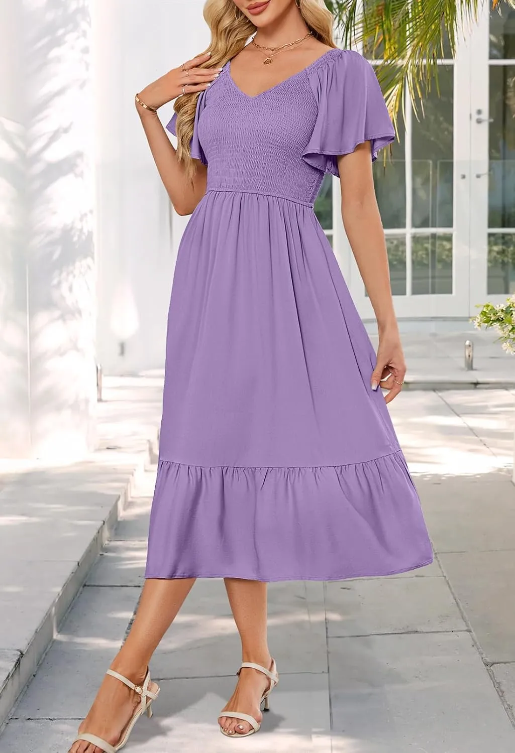 MEROKEETY Women's Summer Casual V Neck Ruffle Sleeve Smocked High Waist Midi Dress with Pockets