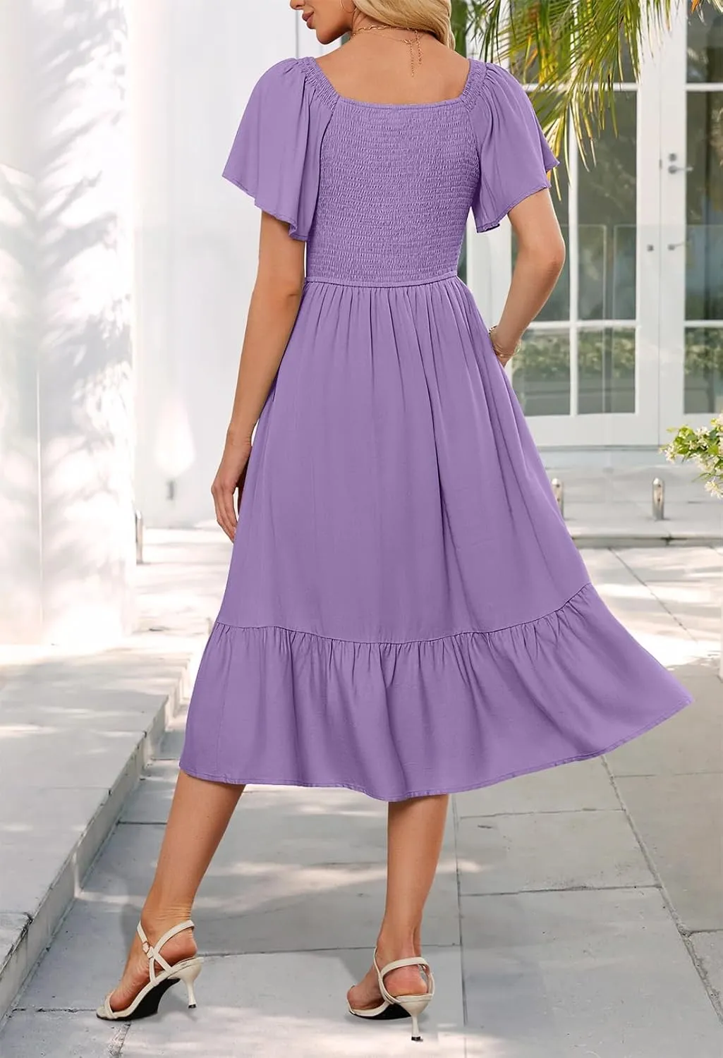 MEROKEETY Women's Summer Casual V Neck Ruffle Sleeve Smocked High Waist Midi Dress with Pockets