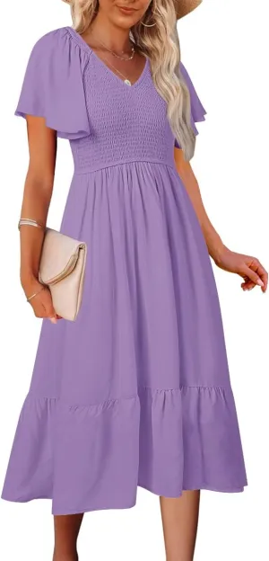 MEROKEETY Women's Summer Casual V Neck Ruffle Sleeve Smocked High Waist Midi Dress with Pockets