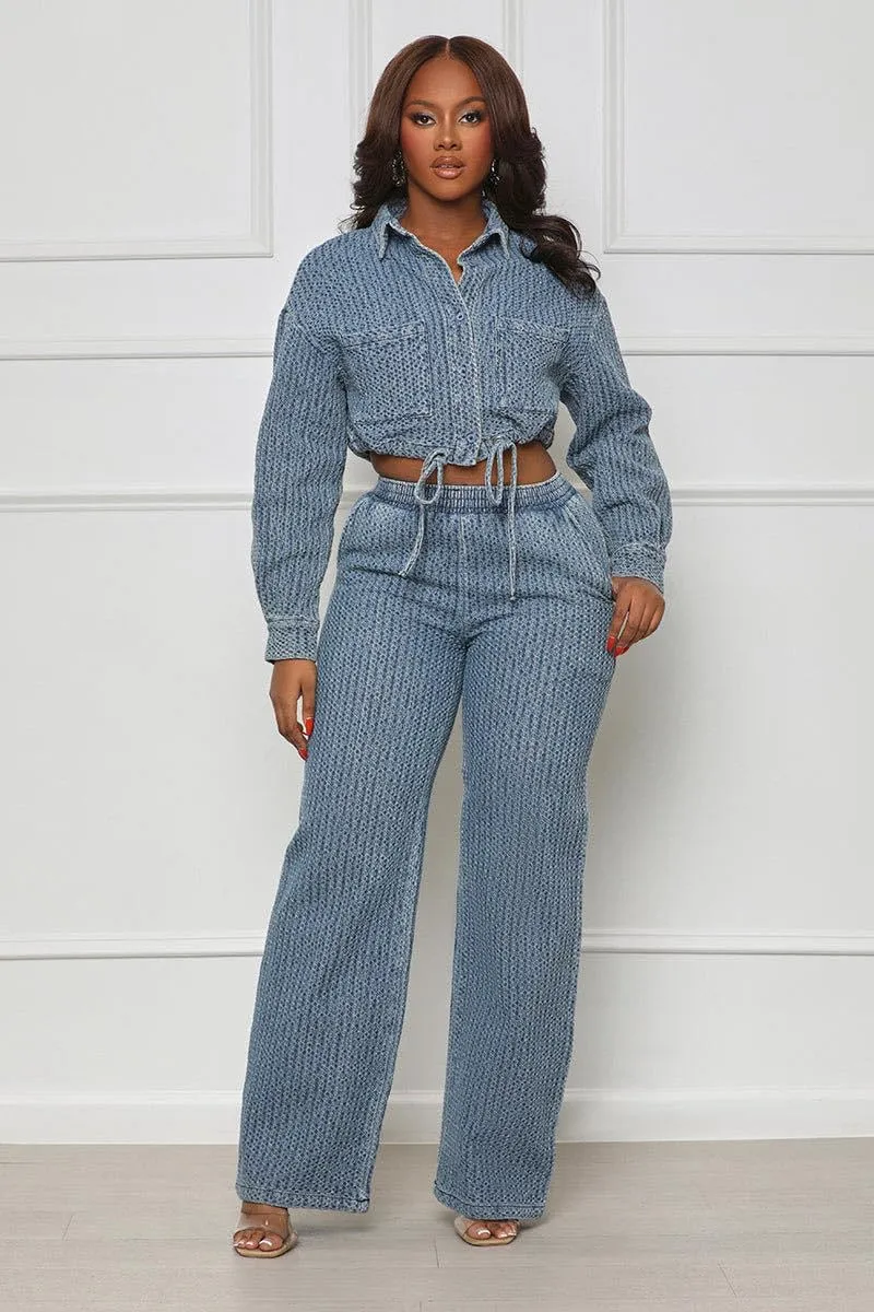 Molilove Womens 2 Piece Outfits Denim Sets Long Sleeve Button Cropped Jean Jacket Wide Leg Pants Y2K Suit Set