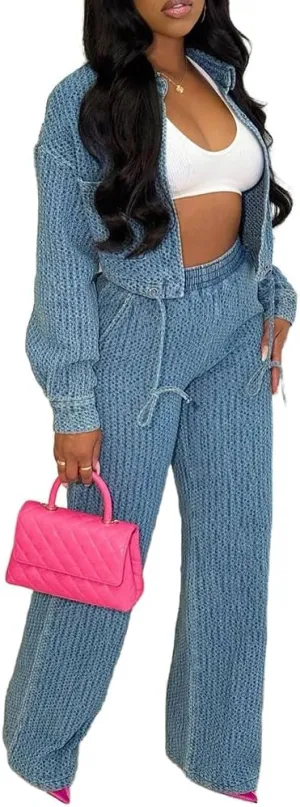 Molilove Womens 2 Piece Outfits Denim Sets Long Sleeve Button Cropped Jean Jacket Wide Leg Pants Y2K Suit Set