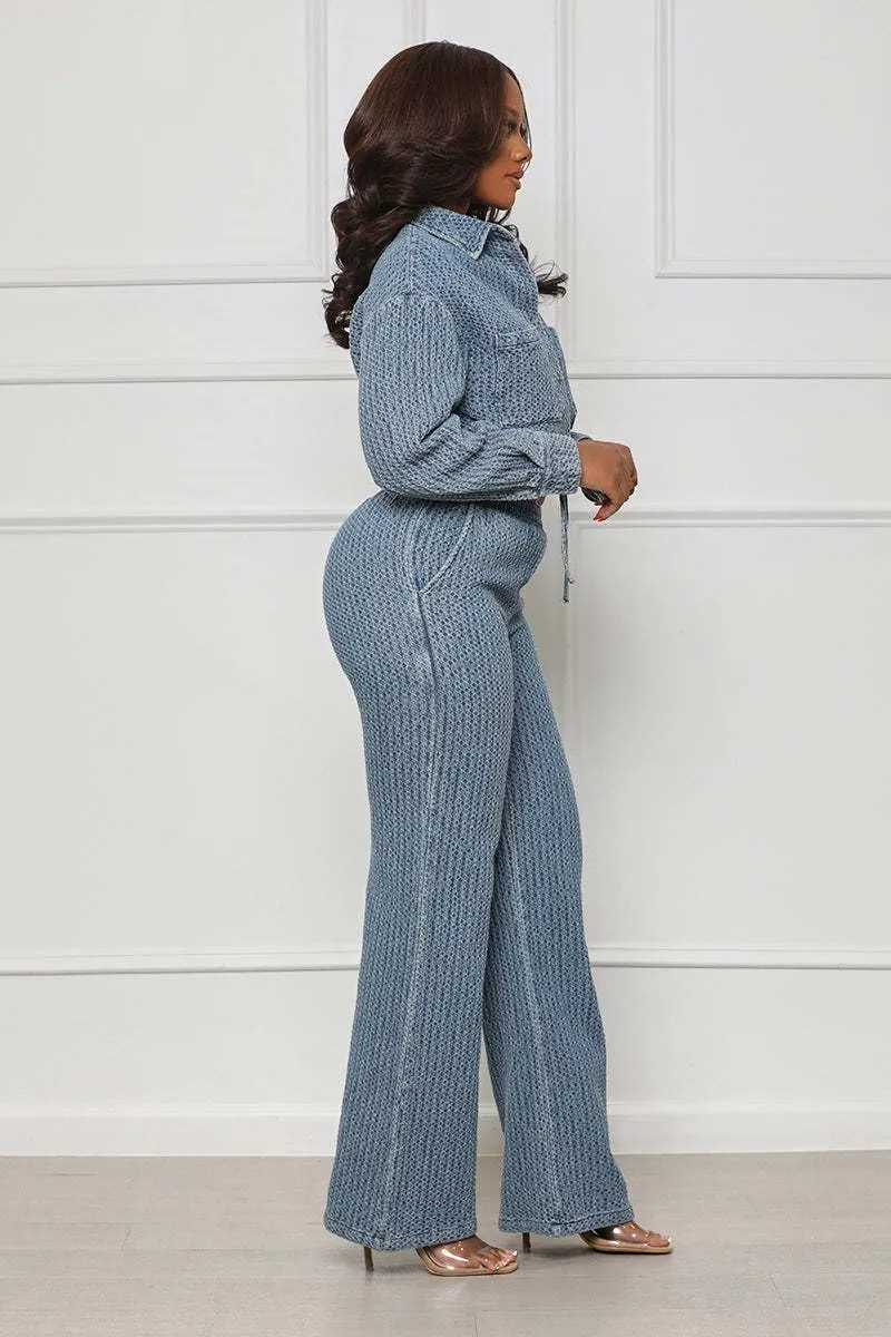 Molilove Womens 2 Piece Outfits Denim Sets Long Sleeve Button Cropped Jean Jacket Wide Leg Pants Y2K Suit Set