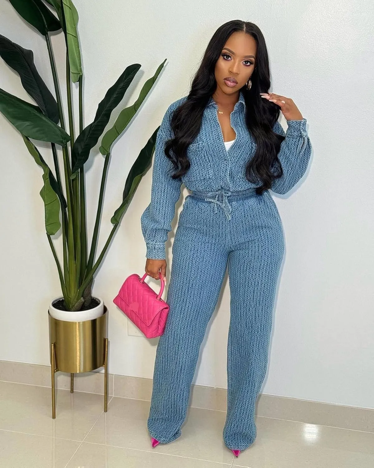 Molilove Womens 2 Piece Outfits Denim Sets Long Sleeve Button Cropped Jean Jacket Wide Leg Pants Y2K Suit Set