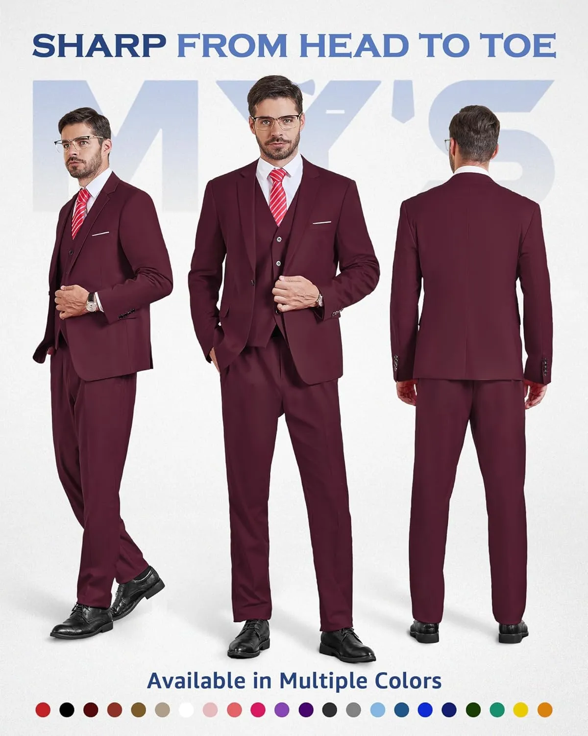 MY'S Mens 3-Piece Slim Fit Suit Set, One Button Solid Jacket Vest Pants with Tie for Wedding Party Business Prom