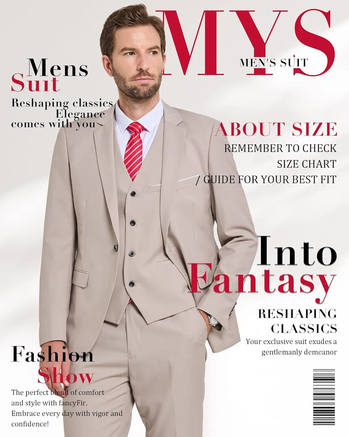 MY'S Mens 3-Piece Slim Fit Suit Set, One Button Solid Jacket Vest Pants with Tie for Wedding Party Business Prom