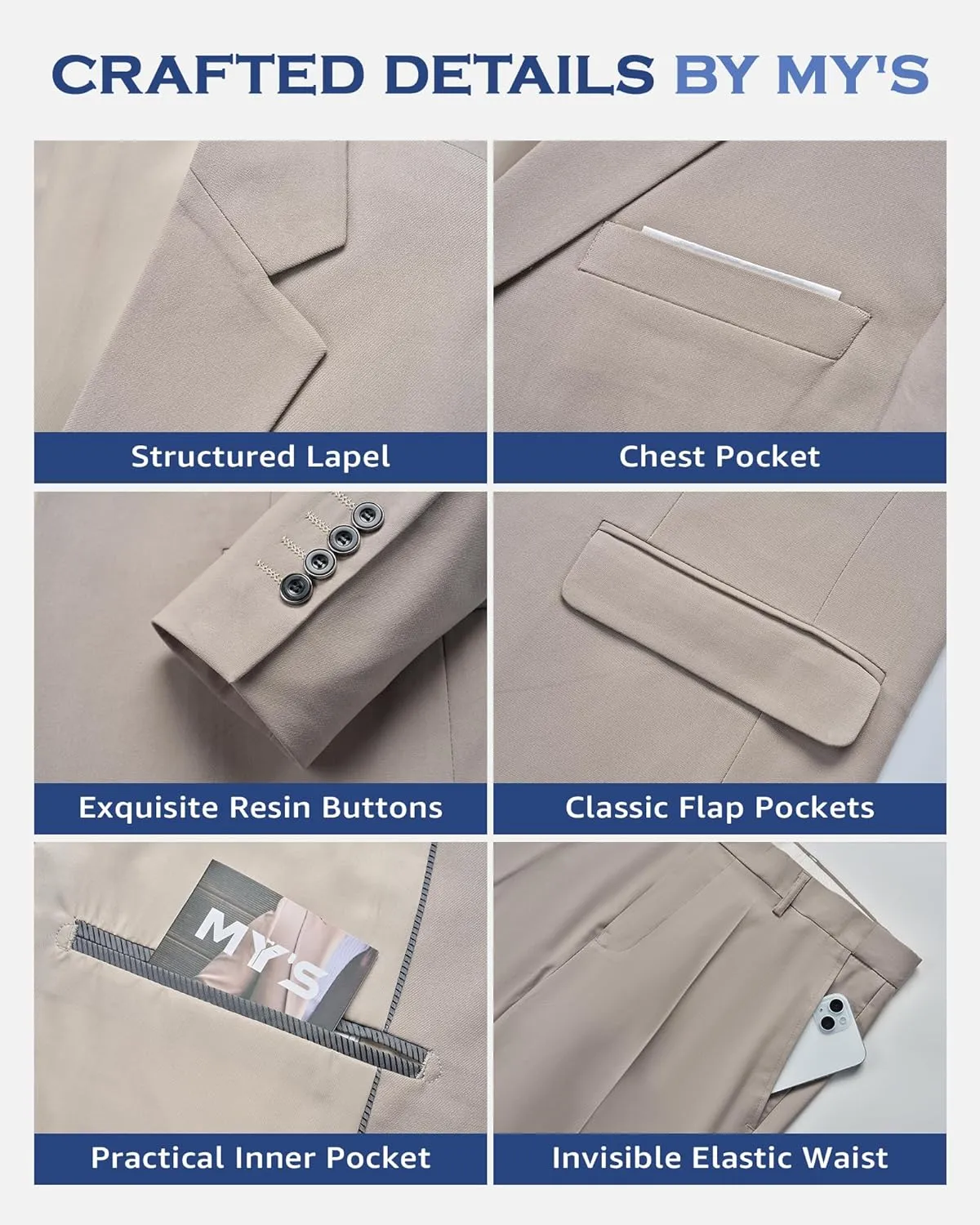 MY'S Mens 3-Piece Slim Fit Suit Set, One Button Solid Jacket Vest Pants with Tie for Wedding Party Business Prom