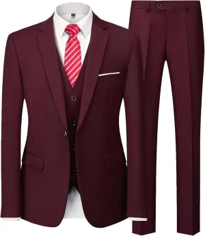 MY'S Mens 3-Piece Slim Fit Suit Set, One Button Solid Jacket Vest Pants with Tie for Wedding Party Business Prom
