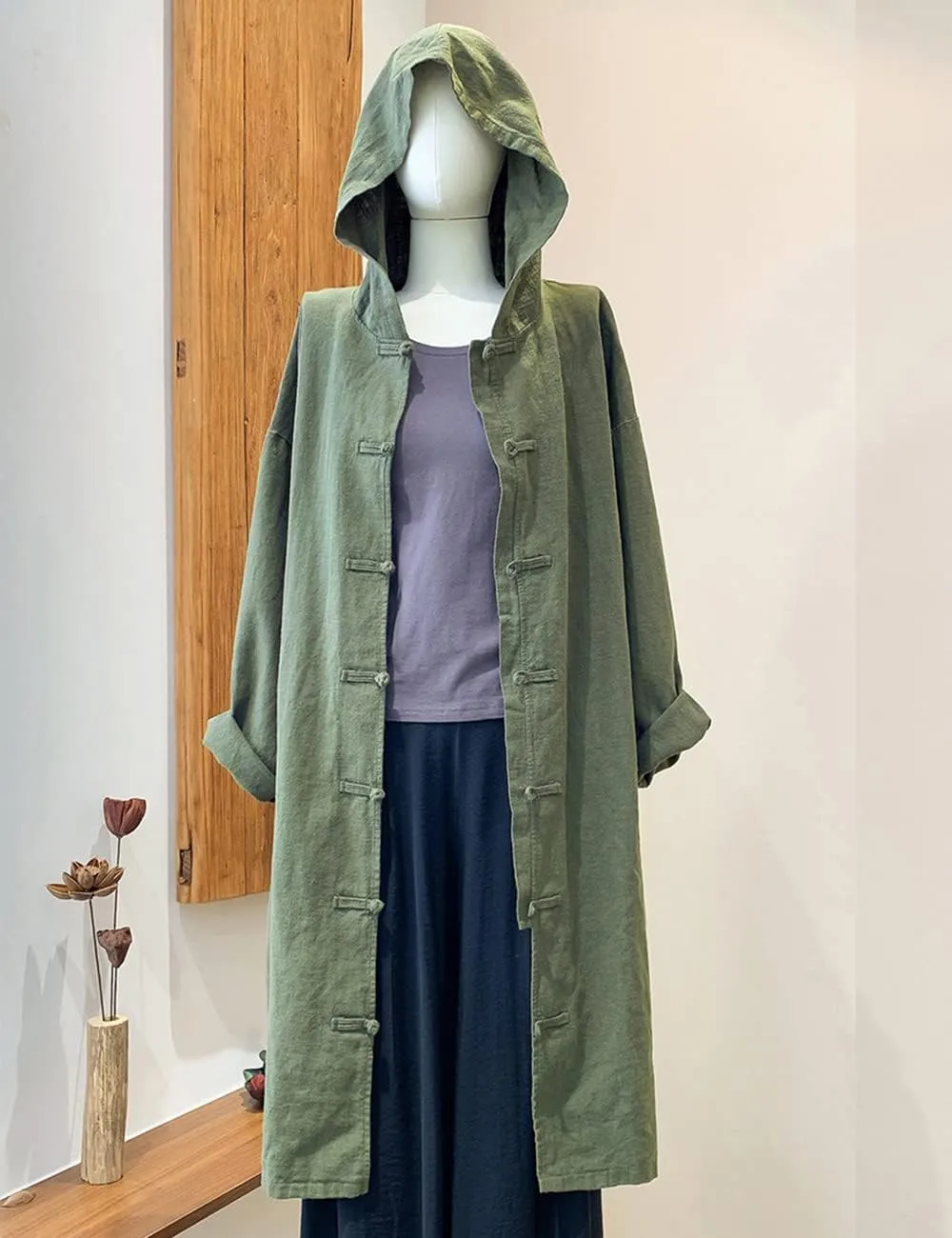 NFYM Women's Long Trench Coat Cotton Linen Hoodie Duster Jacket Long Sleeve Chinese Style Outwear with Pocket