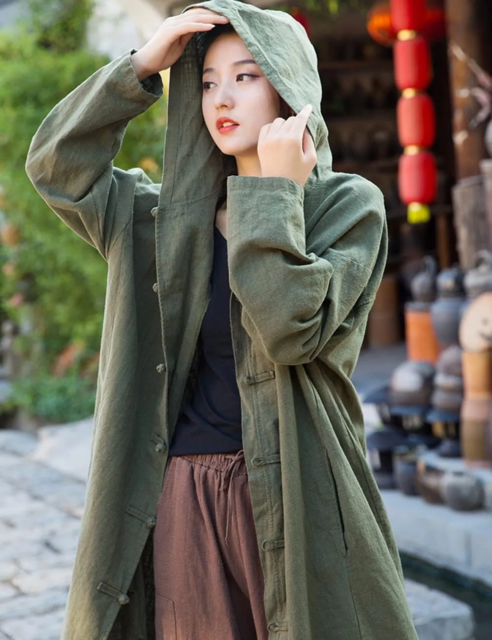 NFYM Women's Long Trench Coat Cotton Linen Hoodie Duster Jacket Long Sleeve Chinese Style Outwear with Pocket