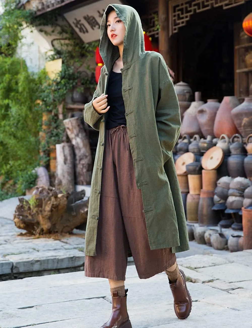 NFYM Women's Long Trench Coat Cotton Linen Hoodie Duster Jacket Long Sleeve Chinese Style Outwear with Pocket