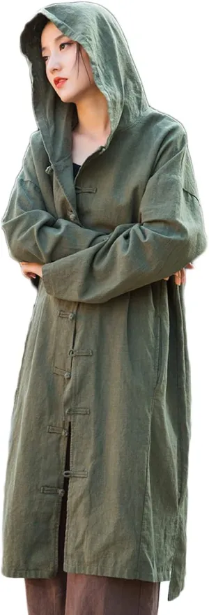 NFYM Women's Long Trench Coat Cotton Linen Hoodie Duster Jacket Long Sleeve Chinese Style Outwear with Pocket