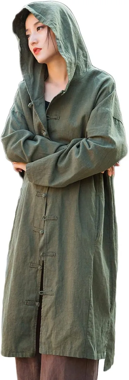 NFYM Women's Long Trench Coat Cotton Linen Hoodie Duster Jacket Long Sleeve Chinese Style Outwear with Pocket