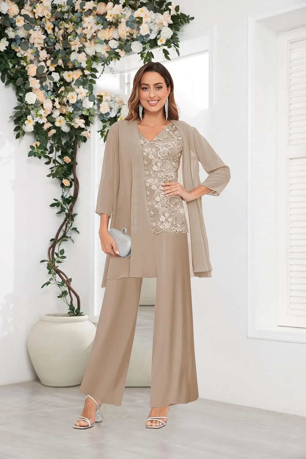 OFEECHUN 3 Pieces Mother of The Bride Pant Suits for Wedding 3/4 Sleeve Chiffon Lace Formal Pants Outfit with Jacket