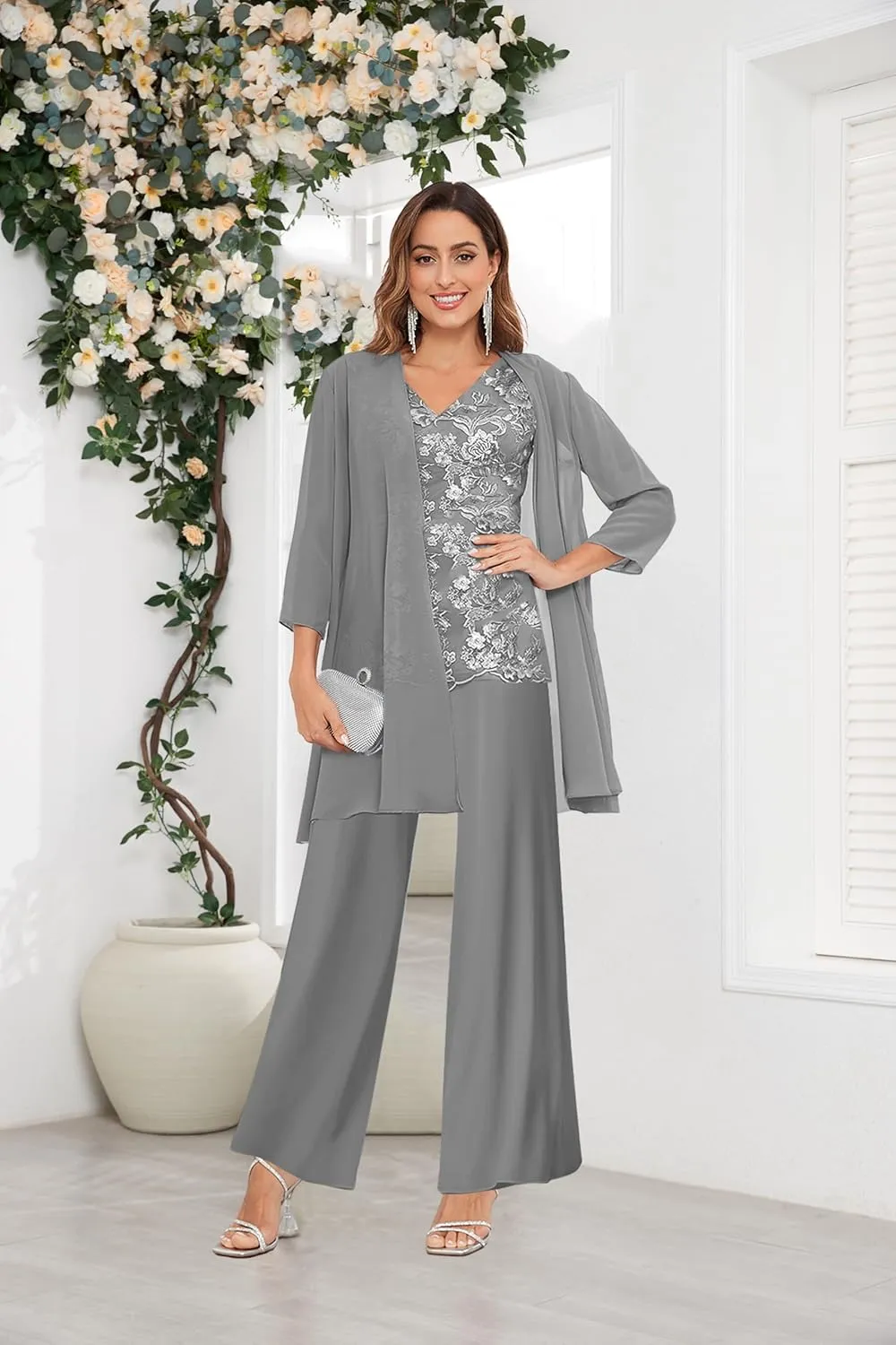 OFEECHUN 3 Pieces Mother of The Bride Pant Suits for Wedding 3/4 Sleeve Chiffon Lace Formal Pants Outfit with Jacket