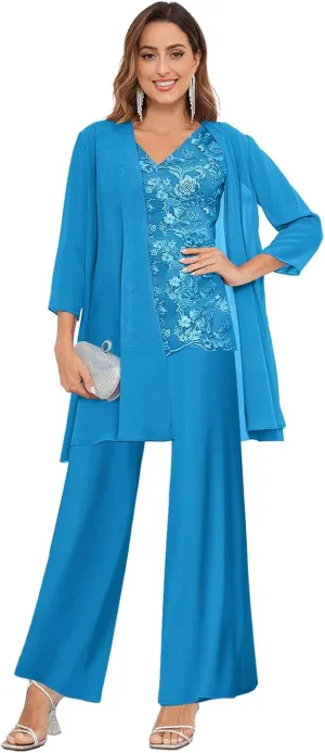 OFEECHUN 3 Pieces Mother of The Bride Pant Suits for Wedding 3/4 Sleeve Chiffon Lace Formal Pants Outfit with Jacket