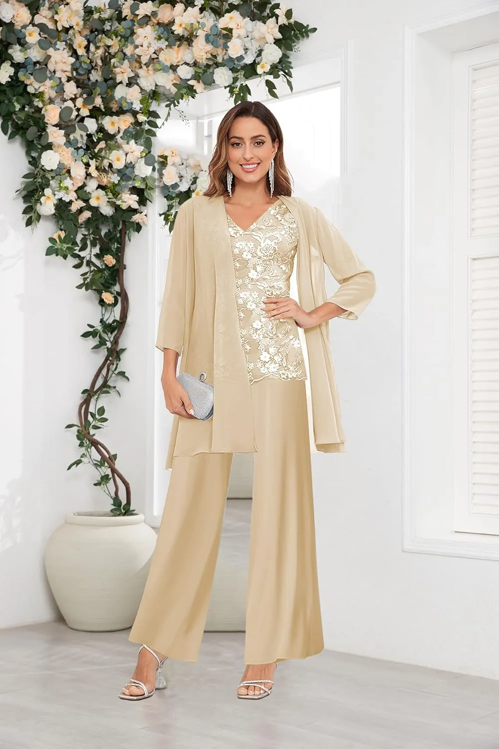 OFEECHUN 3 Pieces Mother of The Bride Pant Suits for Wedding 3/4 Sleeve Chiffon Lace Formal Pants Outfit with Jacket