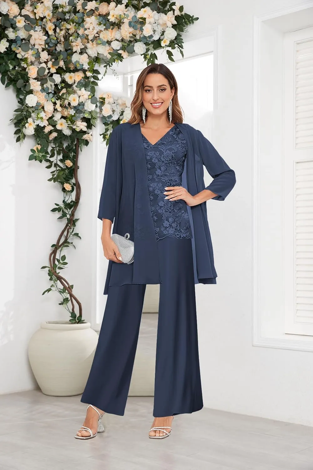 OFEECHUN 3 Pieces Mother of The Bride Pant Suits for Wedding 3/4 Sleeve Chiffon Lace Formal Pants Outfit with Jacket