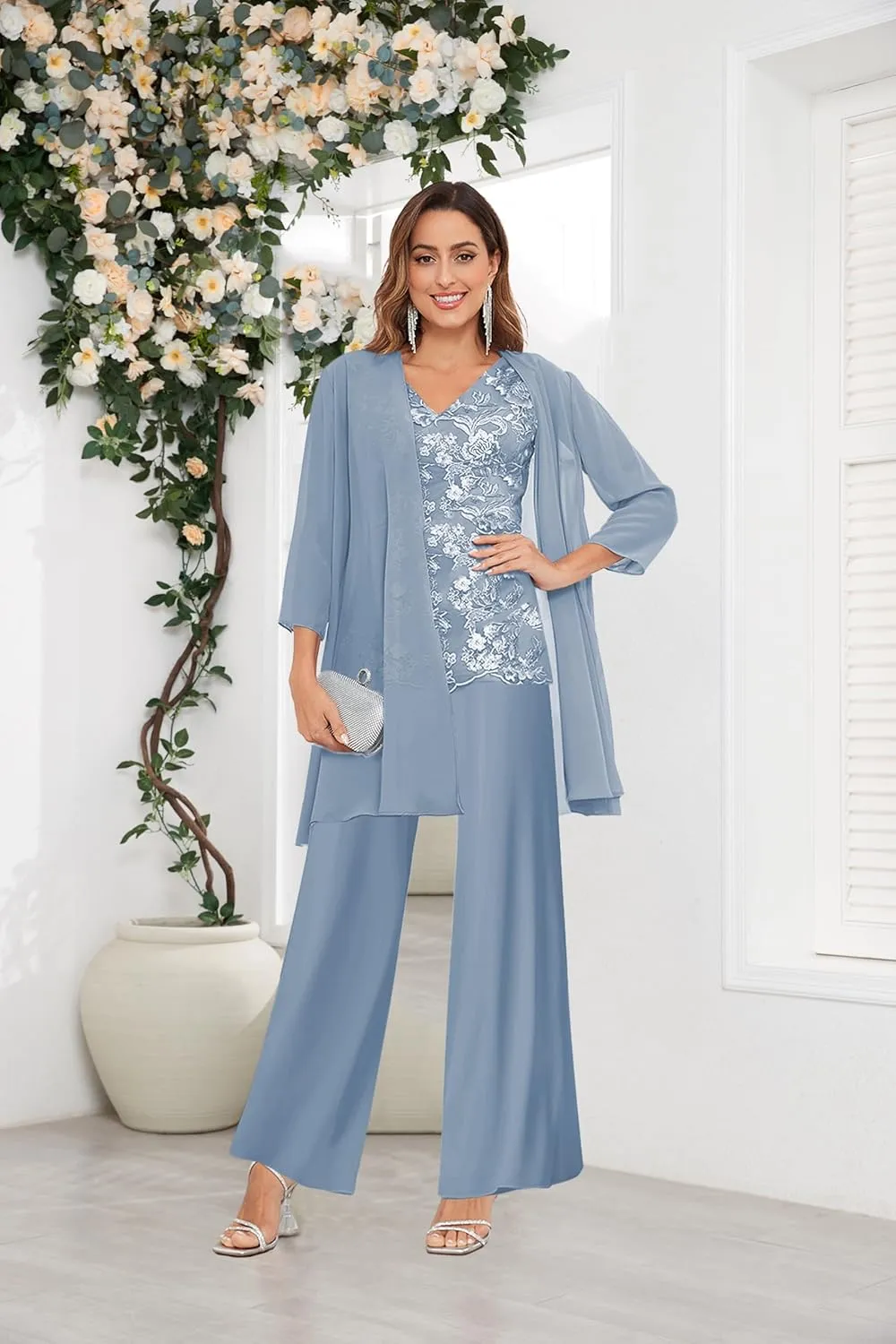 OFEECHUN 3 Pieces Mother of The Bride Pant Suits for Wedding 3/4 Sleeve Chiffon Lace Formal Pants Outfit with Jacket